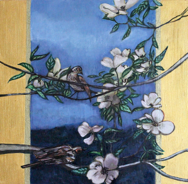 Deco Birds&nbsp;Imixed media on wood panel,&nbsp;collage, acrylic paint&nbsp;10" x 10"