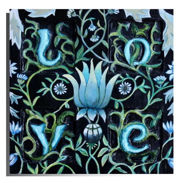 Morris&nbsp;Love Board&nbsp;mixed media on wooden plate,&nbsp;paperclay, acrylic paint&nbsp;12" x 12"