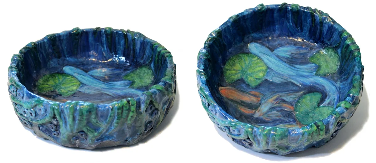 Fish Bowlmixed media on wooden bowl,&nbsp;paperclay, paper mache, acrylic paint,&nbsp;8" &nbsp;Dia x 2.5" H