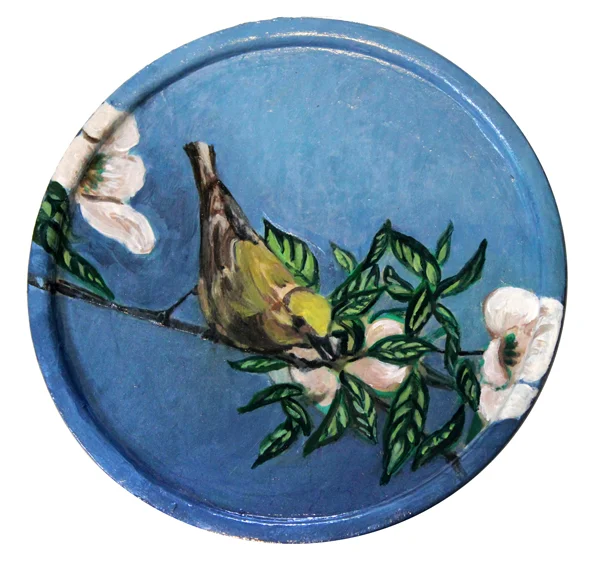 Deco Finch Imixed media on wooden plate,&nbsp;collage, acrylic paint&nbsp;6" Dia