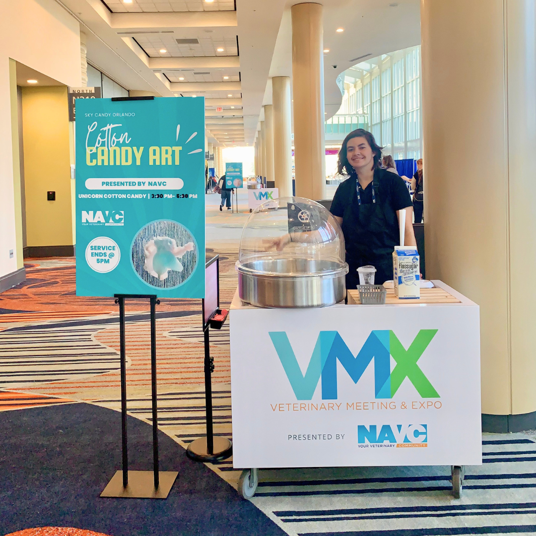 A Sky Candy Cotton Candy Cart branded for VMX conferenc at Orange County Convention Center