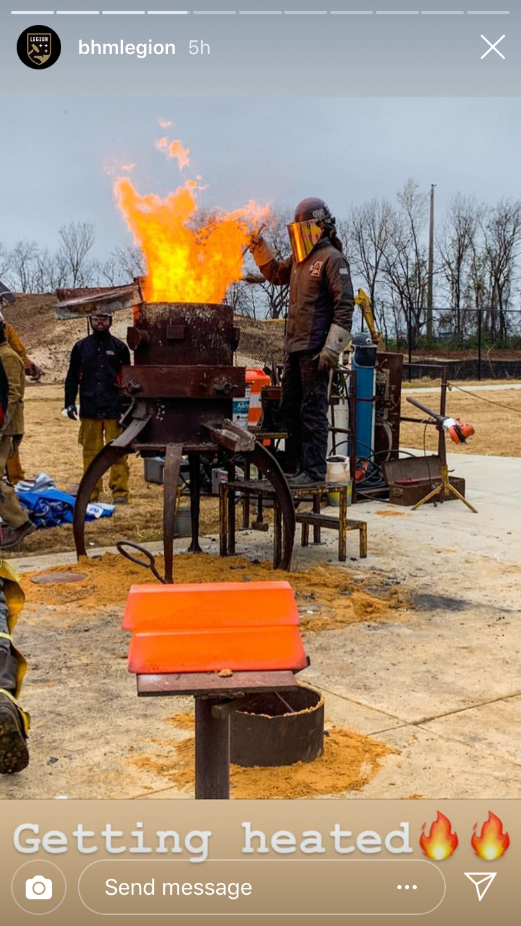 Legion bricks being forged onsite the day of the game. The blocks are given to players for each goal they score. At the end of the season every brick made for every goal scored will be recollected and auctioned off at a charity event—monies made wil…
