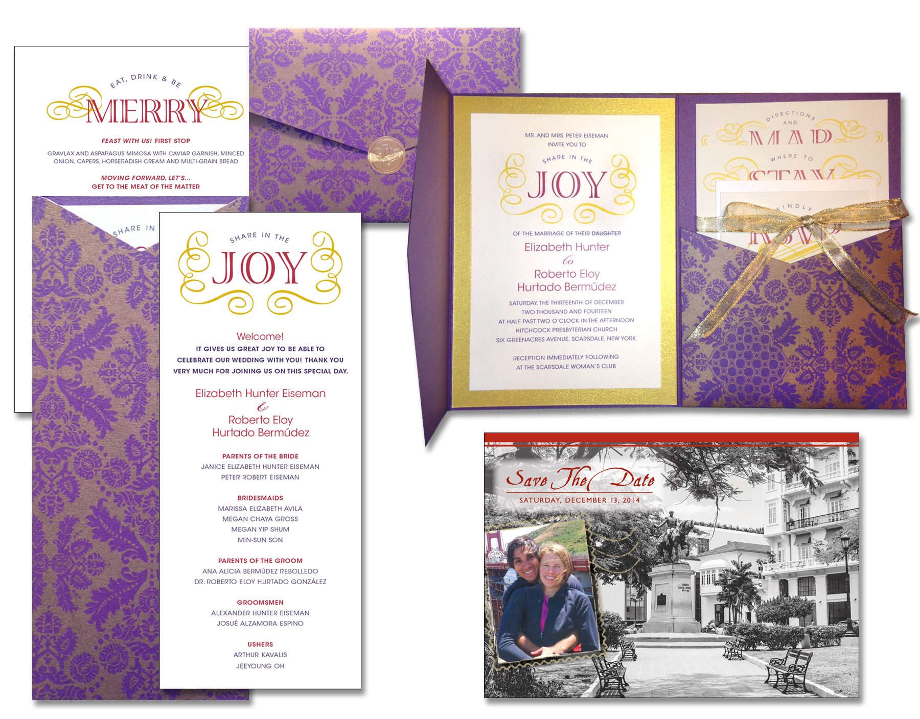 The ensemble of wedding materials included the invitation itself, the programs for the ceremony, menu cards displayed at the reception in beautiful frames, and earlier was the Save The Date Postcard. The inserts, program and menu cards were all hand-cut for accuracy and consistency.