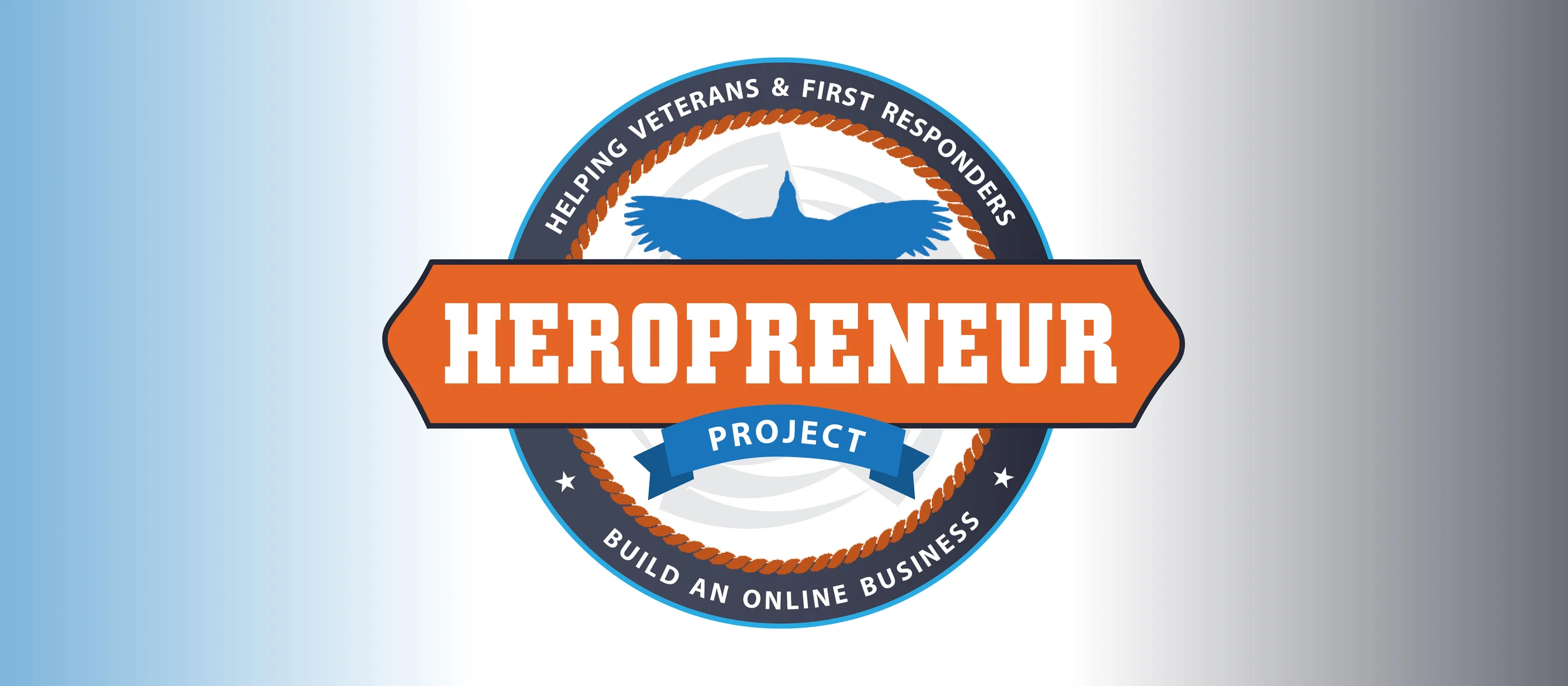 The final colorized logo showcasing the tagline that we collaborated on: Helping Veterans & First Responders Build an Online Business . The logo is meant to look badge-like as well as reminiscent of a medal, borrowing elements from the firefighters logo. I also made sure to focus on the “hero” aspect with the use of a bird in flight, and added a rope accent to suggest “first responder.” The chosen colors coordinate with DG’s Second Half Comeback brand and podcast, which is his umbrella brand. 