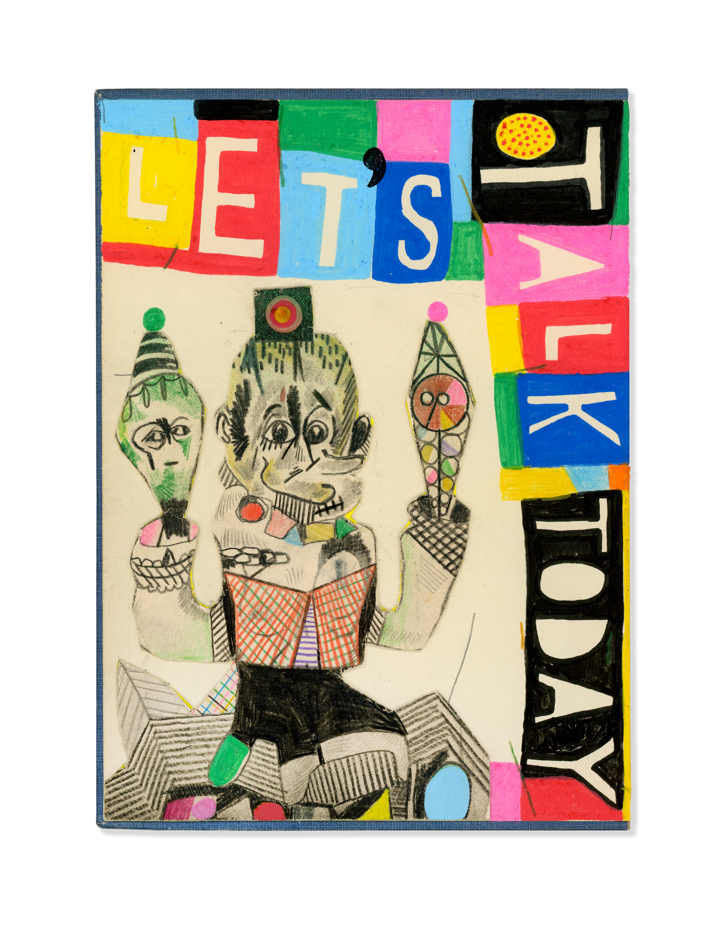 Let’s Talk Today , 2023 7 x 10 inches Charcoal pencil, color pencil and Posca marker on vintage book cover.