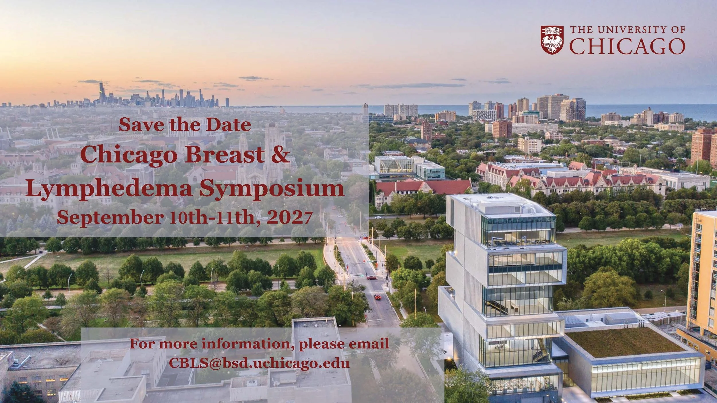 Image shows aerial view of the David Rubenstein Forum at UChicago with the Chicago skyline in the background. This is the venue for the upcoming CBLS in 2027.