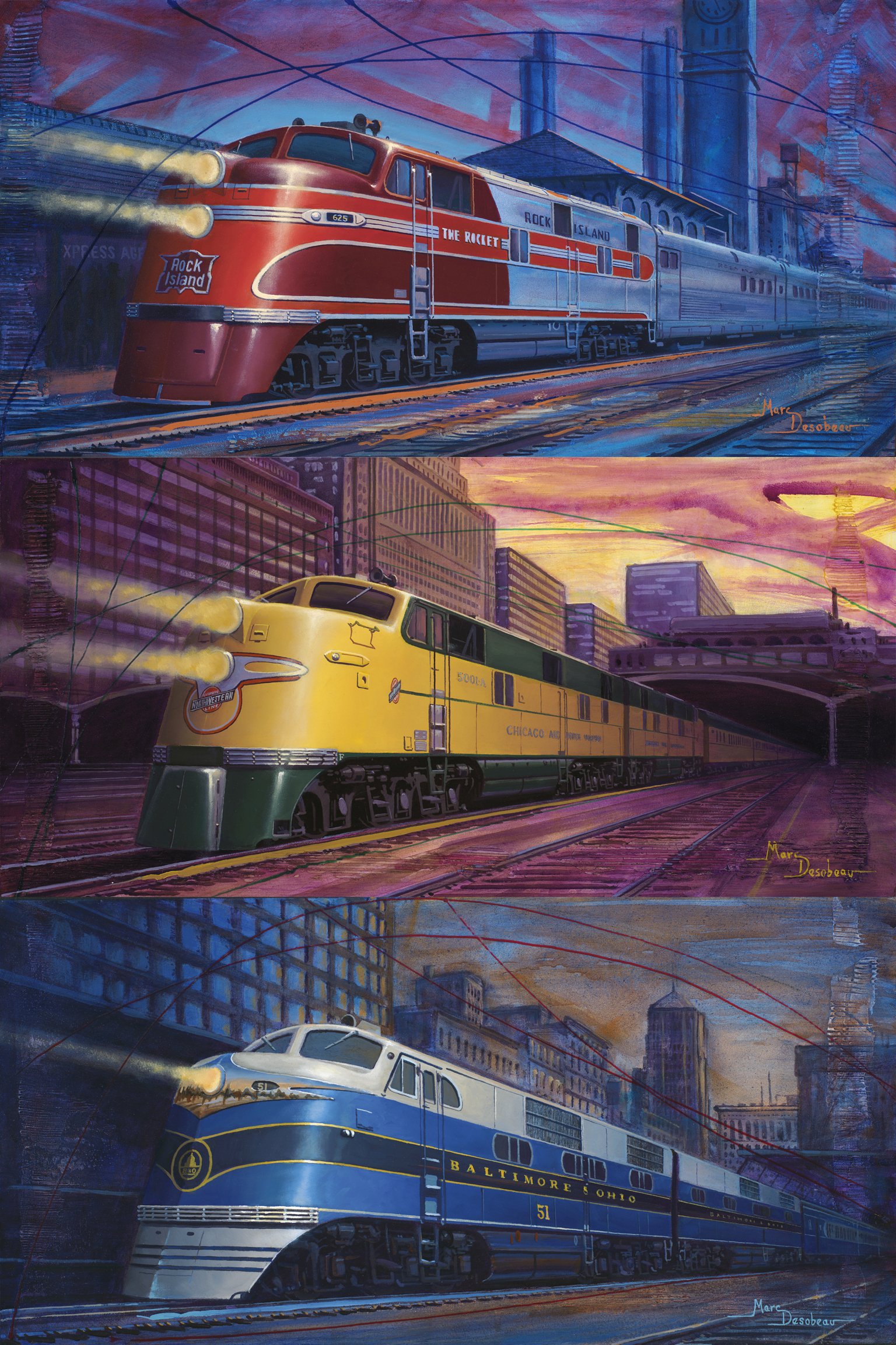 Streamliner Collection, Three Paintings, Red Rocket, Windy Yellow, Blue Steel