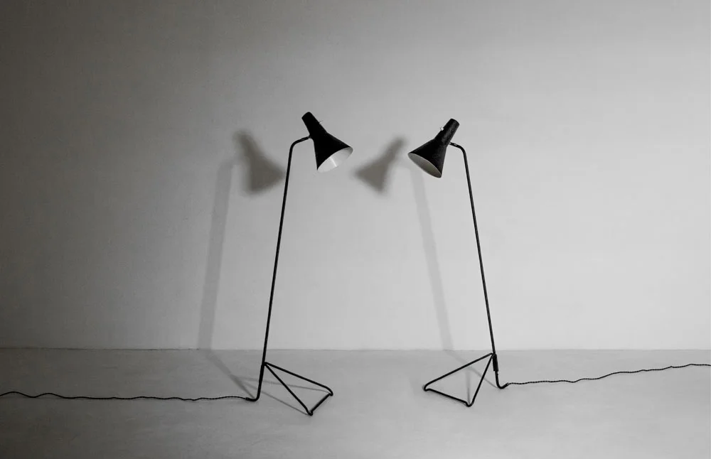  Svend Aage Holm-Sørensen floor lamps, pair lacquered metal, brass Sweden, 1950s 