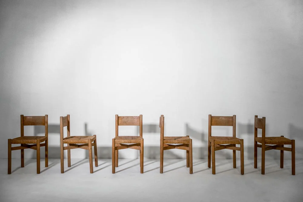  Charlotte Perriand ‘Meribel’ chairs, set of six ash, rush France, 1940s literature:  Charlotte Perriand Complete Works Volume 2: 1940-1955 , Jacques Barsac, p. 102-103 