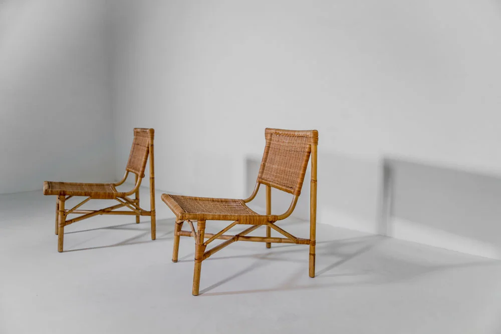  Jacques Dumond, attribution lounge chairs, pair bamboo, rattan France, 1950s 