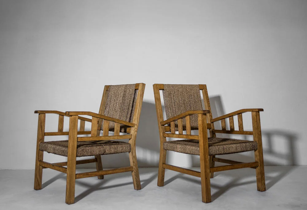  Francis Jourdain armchairs, pair ash, rope France, 1930s 
