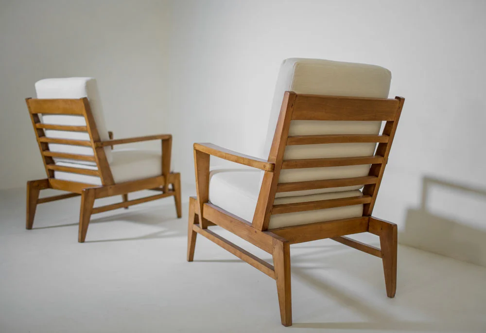  René Gabriel lounge chairs, pair beech, linen France, 1940s  sold  