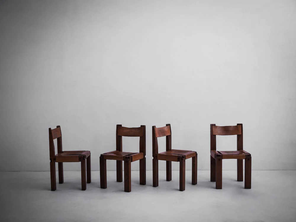  Pierre Chapo S11 chairs, set of four elm, leather France, c. 1970 