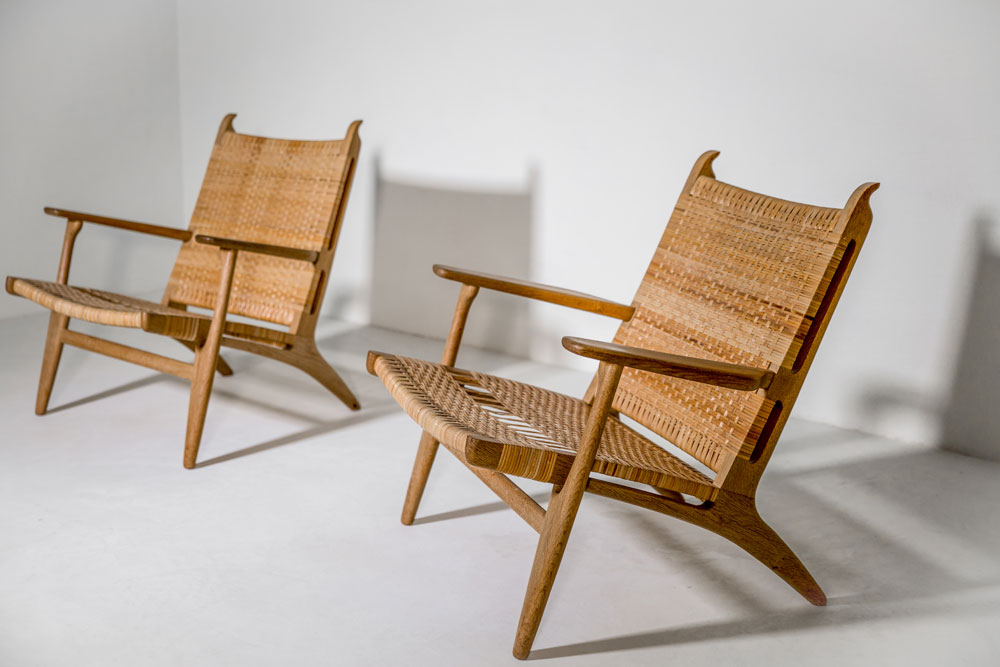  Hans Wegner CH27 lounge chairs, pair oak, cane Carl Hansen &amp; Søn, Denmark, c. 1950 