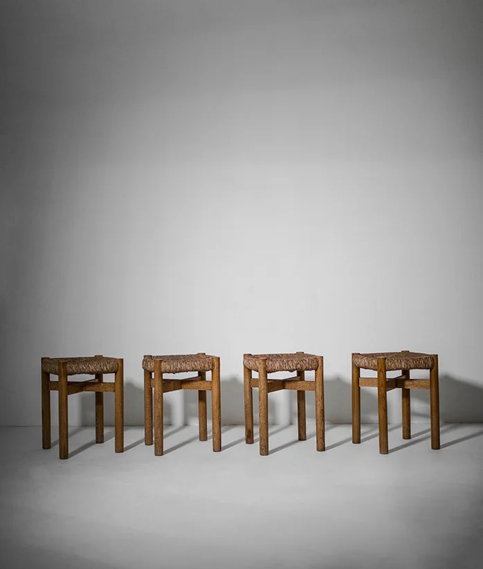  Charlotte Perriand ‘Meribel’ stools, set of four ash, rush France, 1950s 