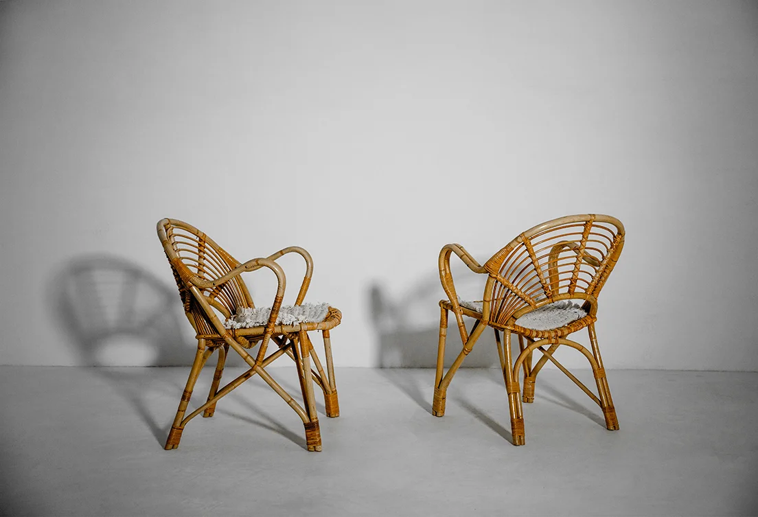  Danish armchairs, pair bamboo, vintage wool textile Denmark, 1940s 