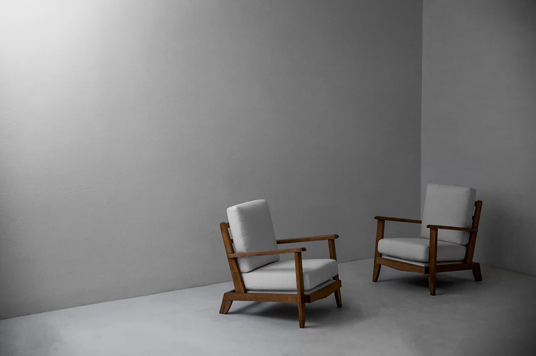  René Gabriel armchairs, pair beech, linen France, 1940s 