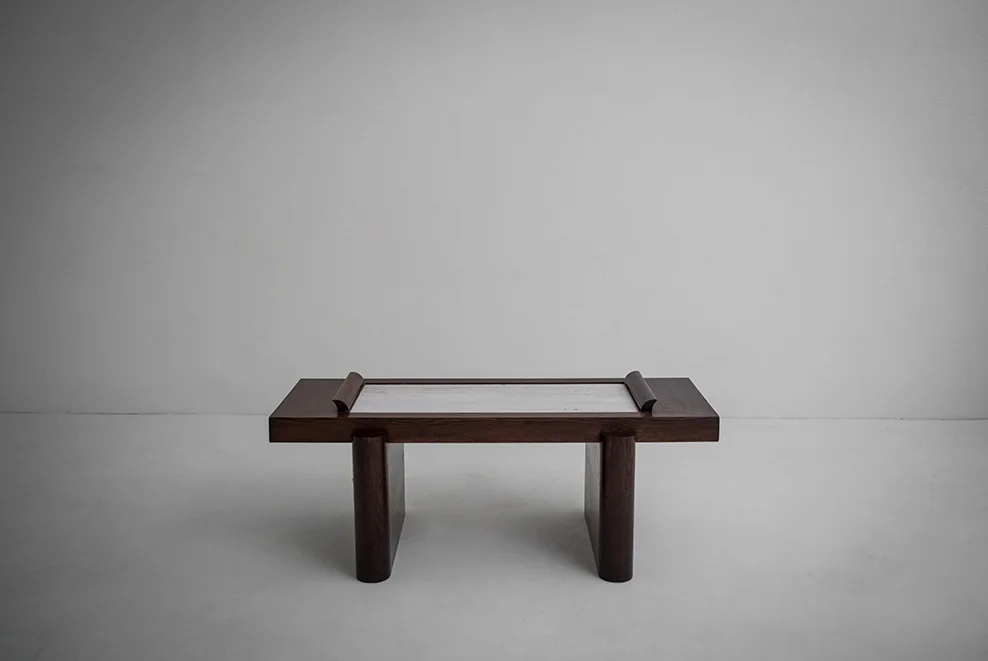  Francisque Chaleyssin, attribution coffee table oak, travertine France, 1940s 