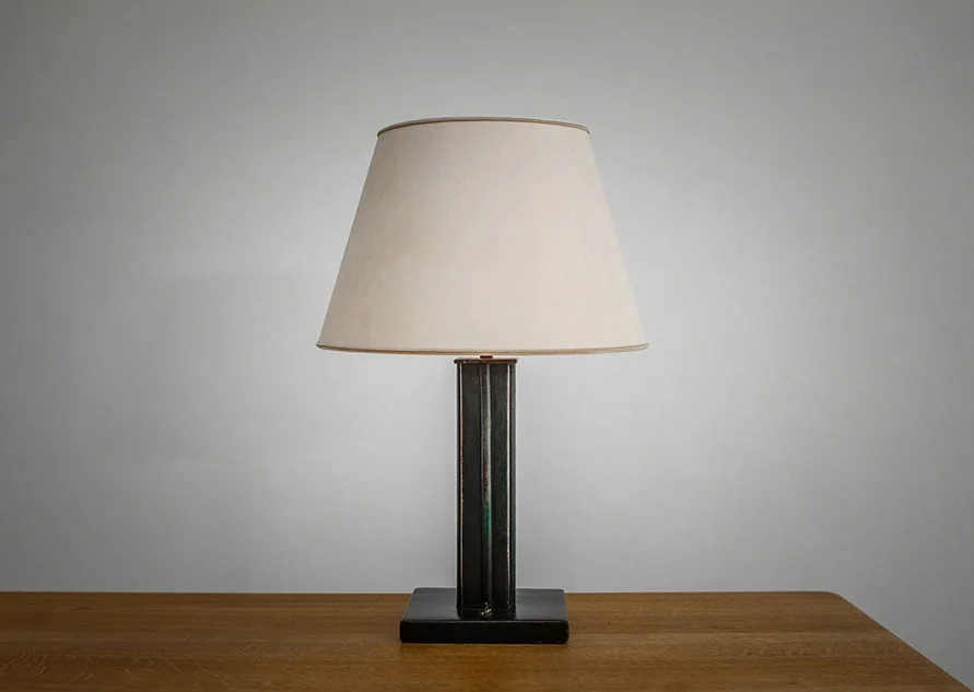  French table lamp green leather, original silk shade France, 1940s 