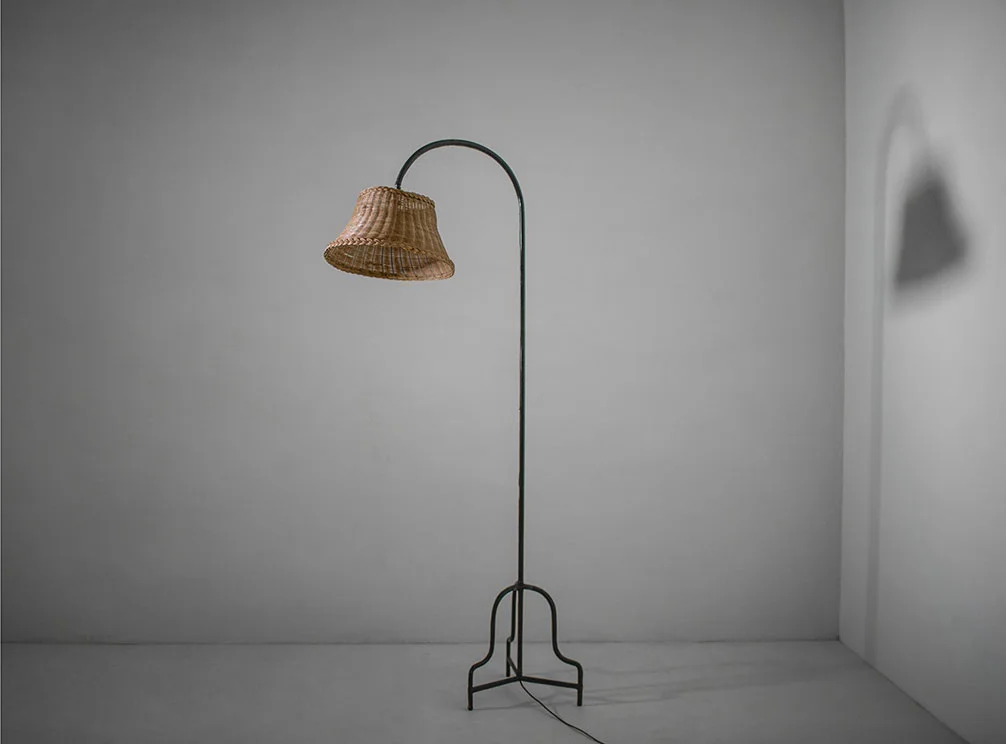  Jacques Adnet, attribution floor lamp leather, original rattan shade France, c. 1950 