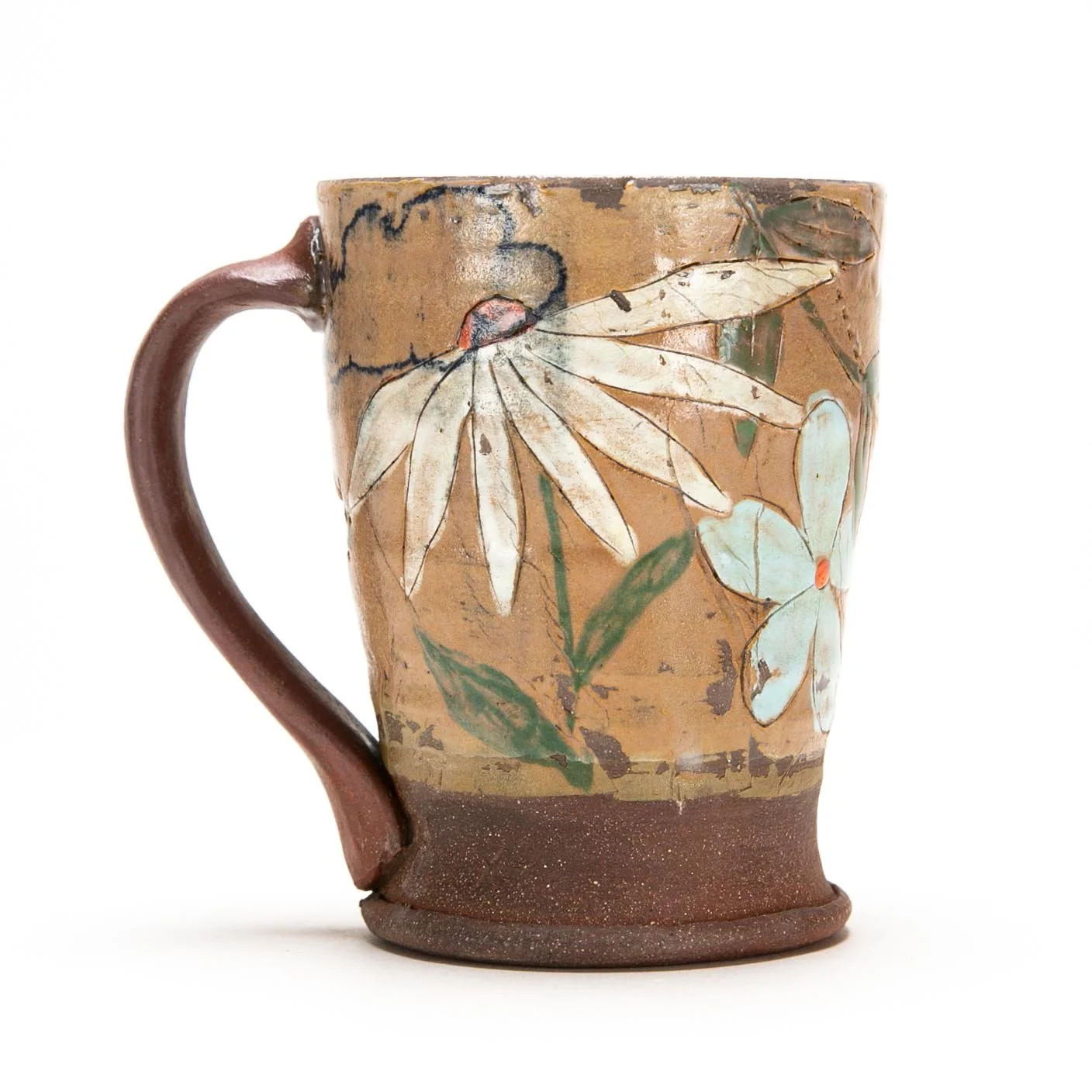 Mug: Red Stoneware with slip and underglaze. ^5 Oxidation