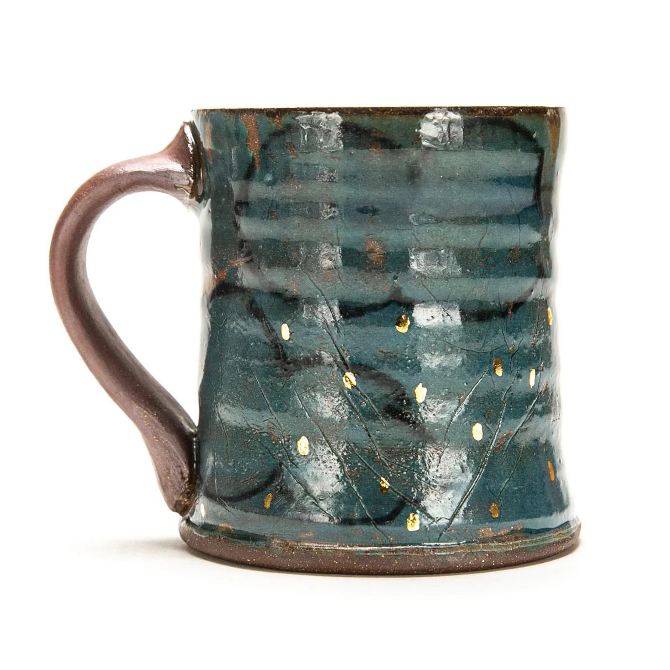 Mug: Red Stoneware with slip, luster, and underglaze. ^5 Oxidation