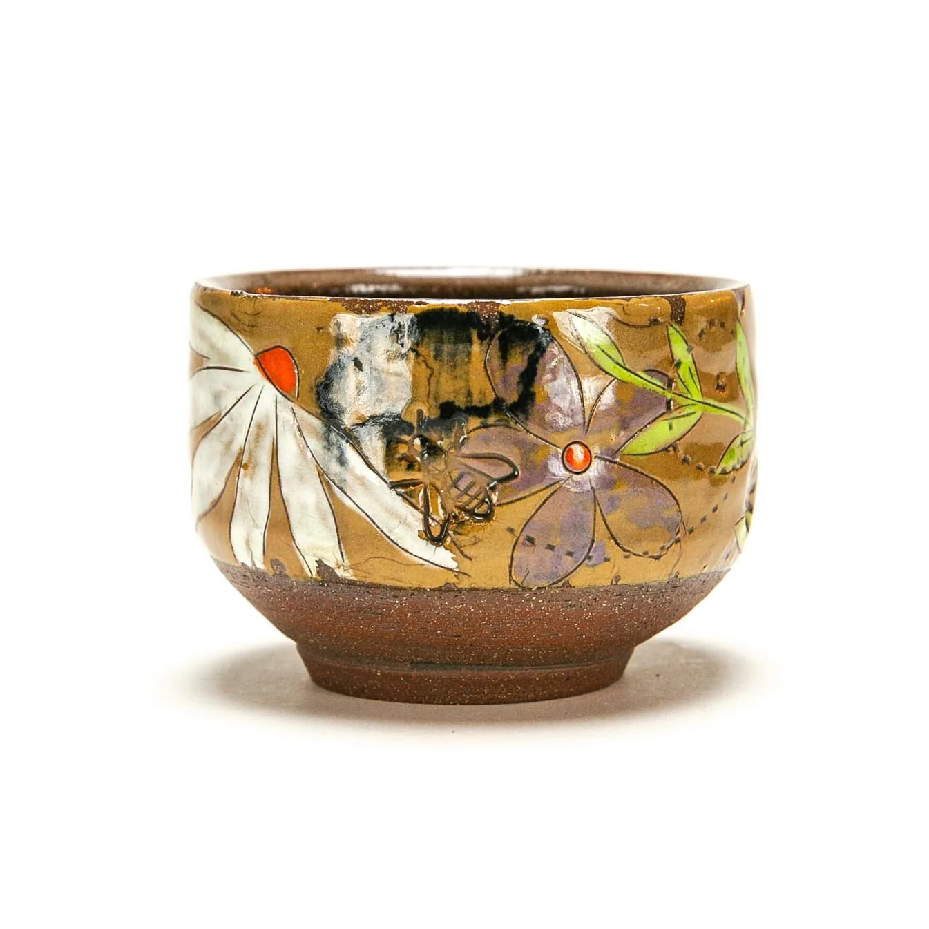 Tea Bowl: Red Stoneware with slip and underglaze. ^5 Oxidation