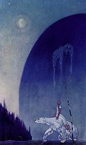 Illustration caption: “Hold tight to my shaggy coat,” he said, “and there’s nothing to fear.” Kay Nielsen’s illustration from “East of the Sun and West of the Moon.”