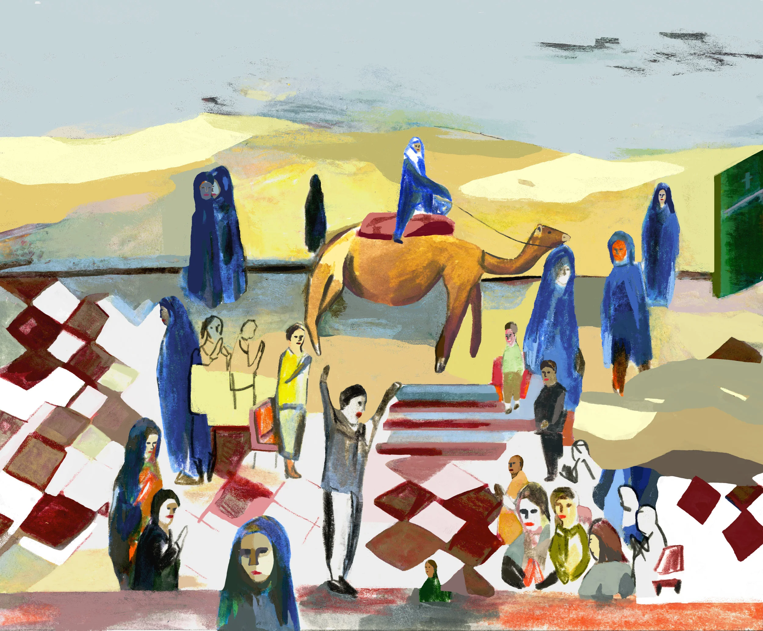  Illustration made from text from the book Bluets by Maggie Nelson. This piece of text is about a group of people called the Tuaregs. They live in the Sahara desert and have rejected the notion of God. Once a year, southern baptist churches in Americ