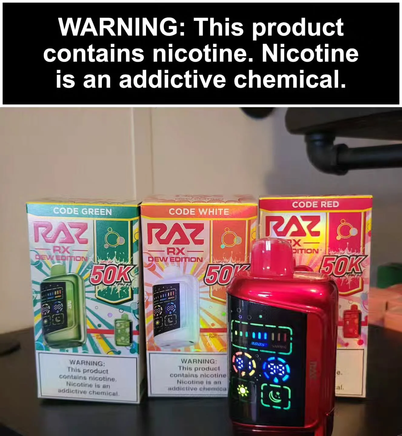 We've got brand new Raz 50k disposables in stock! They're all based on a fizzy beverage. Code Green is lemon lime, Code Red is cherry and mixed berries, and Code White is coconut and citrus! They also feature different boost modes, a bright screen, a