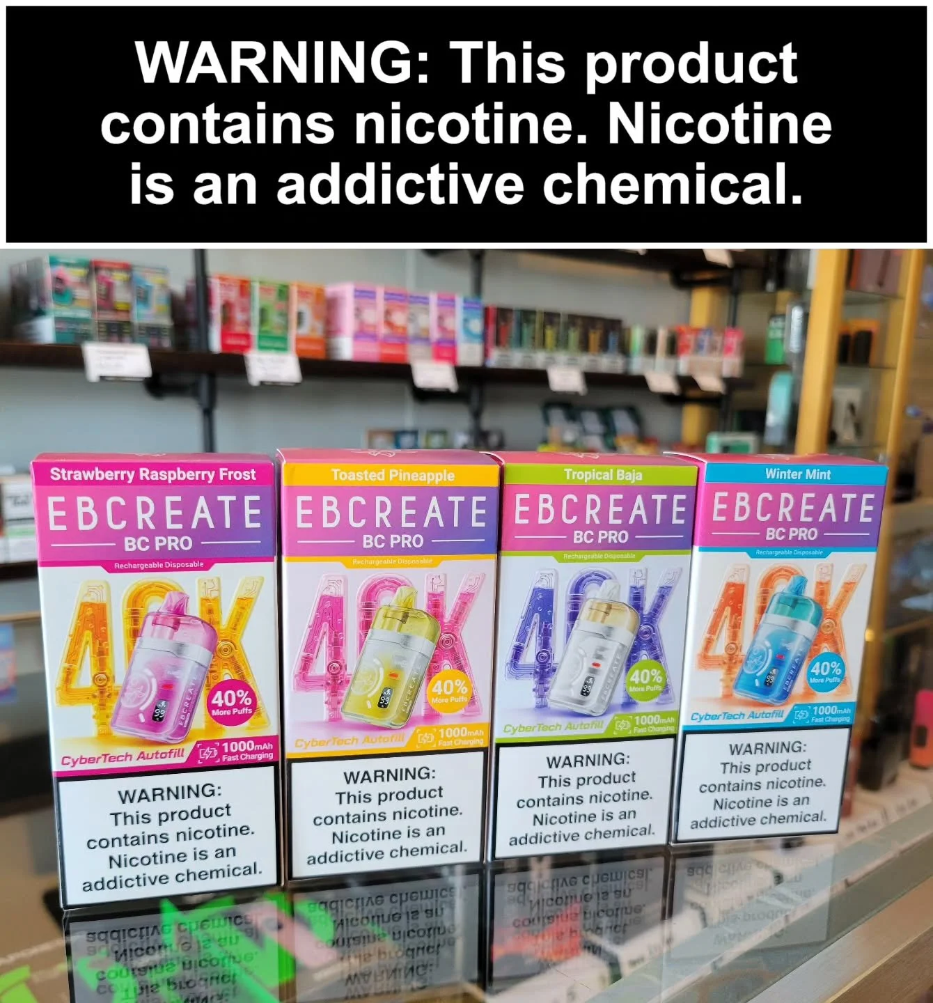 We've got some enticing new flavors of the EB Create BCPRO 40k's! Tropical Baja, Strawberry Raspberry Frost, Toasted Pineapple, and Winter Mint. They boast a whopping 40 thousand puffs and a clear see-through liquid tank so you can keep an eye on you