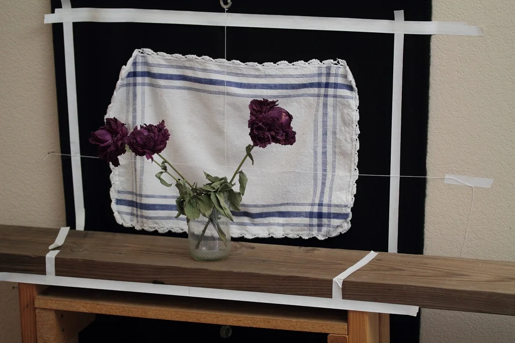 The still-life setup, with supporting boundary tape and horizontal/vertical middle lines to help with accuracy in the drawing. 