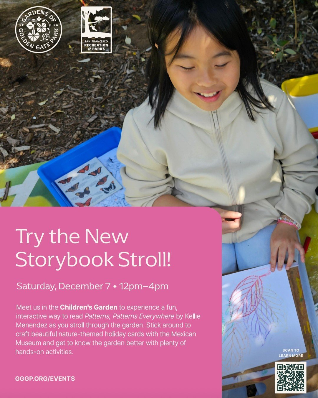 This coming Saturday, December 7th 12pm-4pm, Patterns, Patterns Everywhere will be the newest book featured for the Storybook Stroll in the @sfbotanicalgarden 🌱 Join us in the Children's Garden at 12pm to stroll through the garden and read the pages