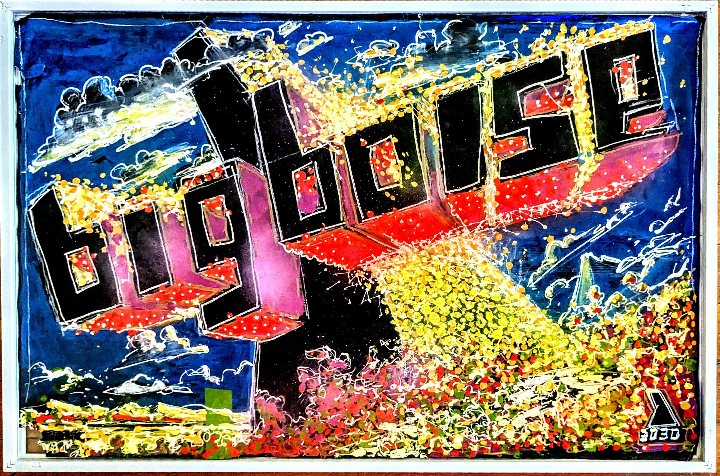 Illustration and Painting , Futuristic Skyline of the City of Boise, large graphic block letters read "Big Boise" suspended above the skyline . futurism, cartoonist, bright sun set