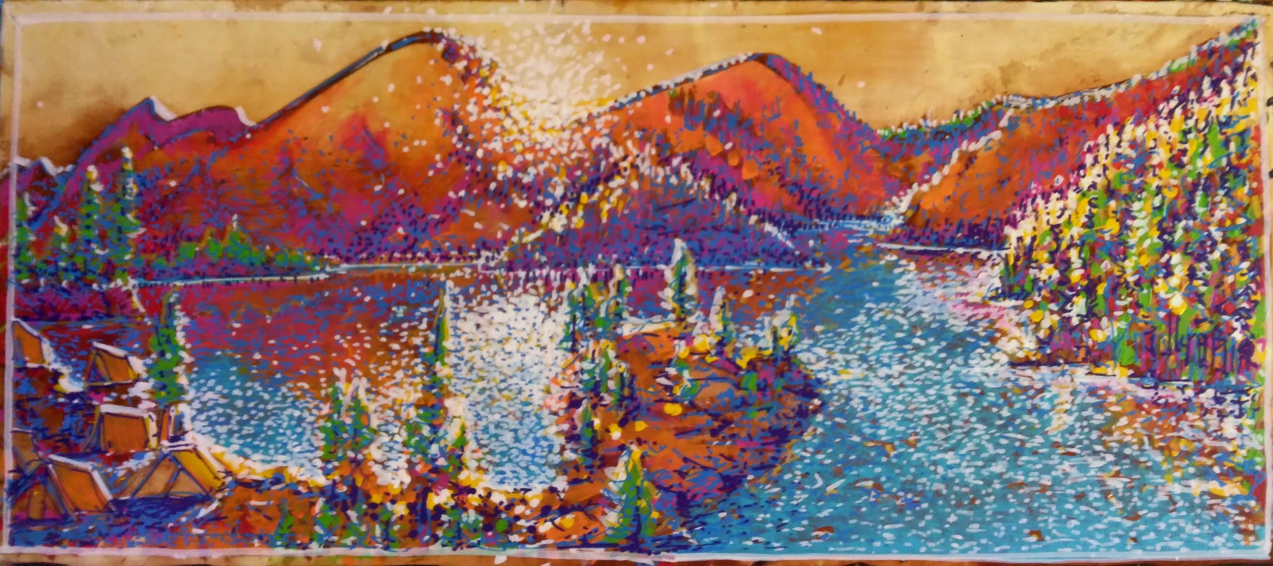 a progress photo of the painting "Alice Lake" and impressionist painting of a serene Idaho natural wonder.