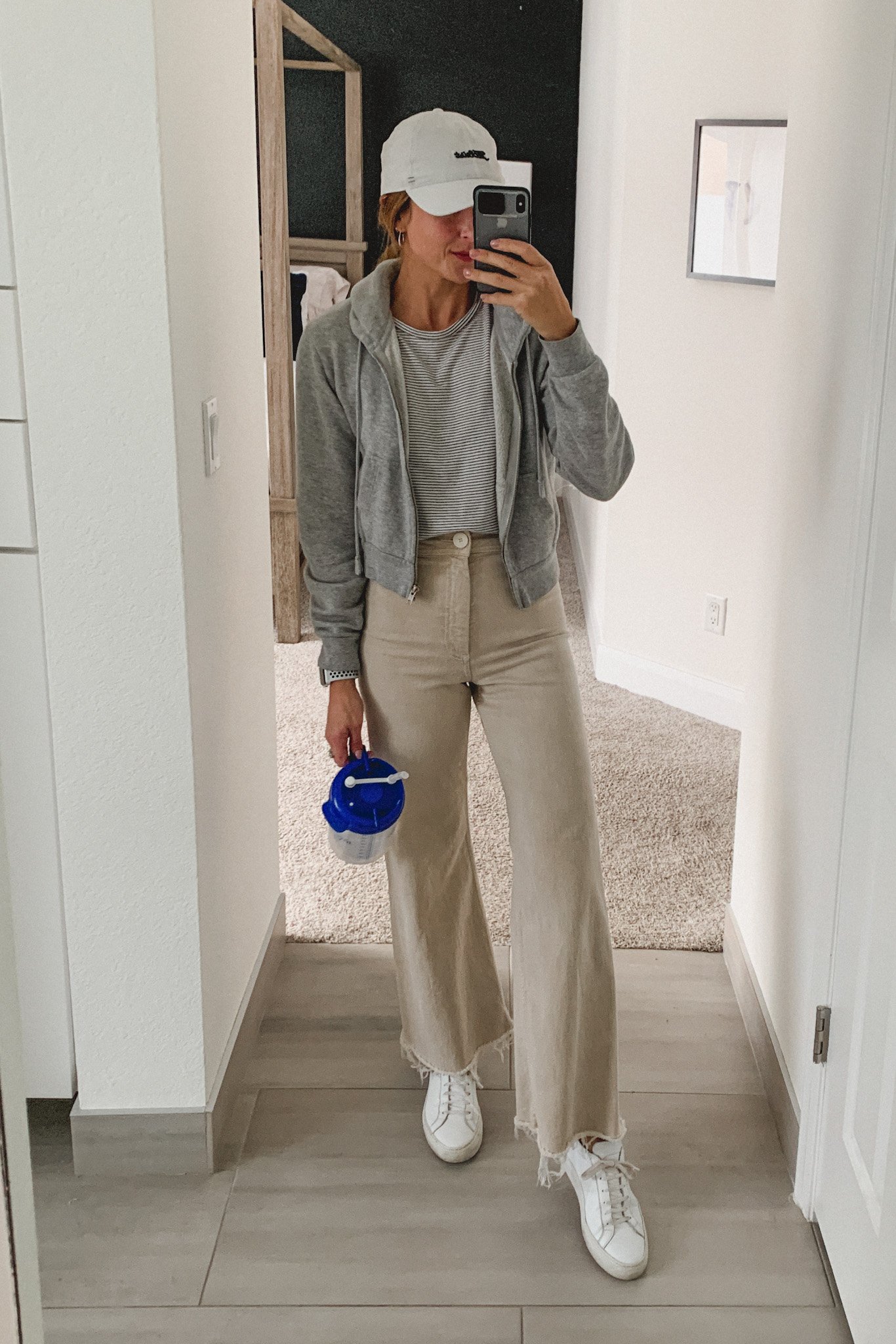  Jessica wears Common Projects Achilles sneakers with Zara Marine pants and Brandy Melville hoodie, ootd, casual outfit style, mom style, everyday fashion 