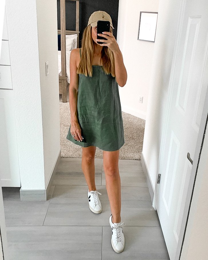  Jessica wearing Veja Esplar sneakers with Reformation mini dress, and Ralph Lauren natural hat,  ootd, casual outfit Vera sneaker outfit  