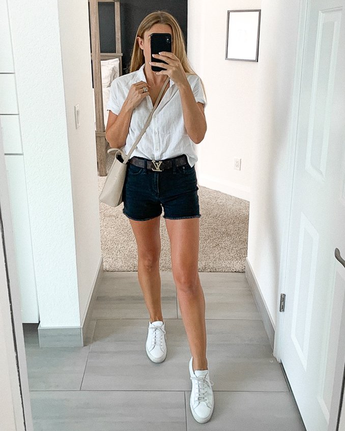  Jessica wears Common Projects Achilles with Madewell Black shorts, Louis Vuitton Belt and White button up shirt, carrying Balenciaga Everyday shoulder bag, ootd, casual outfit style, mom style, everyday fashion 