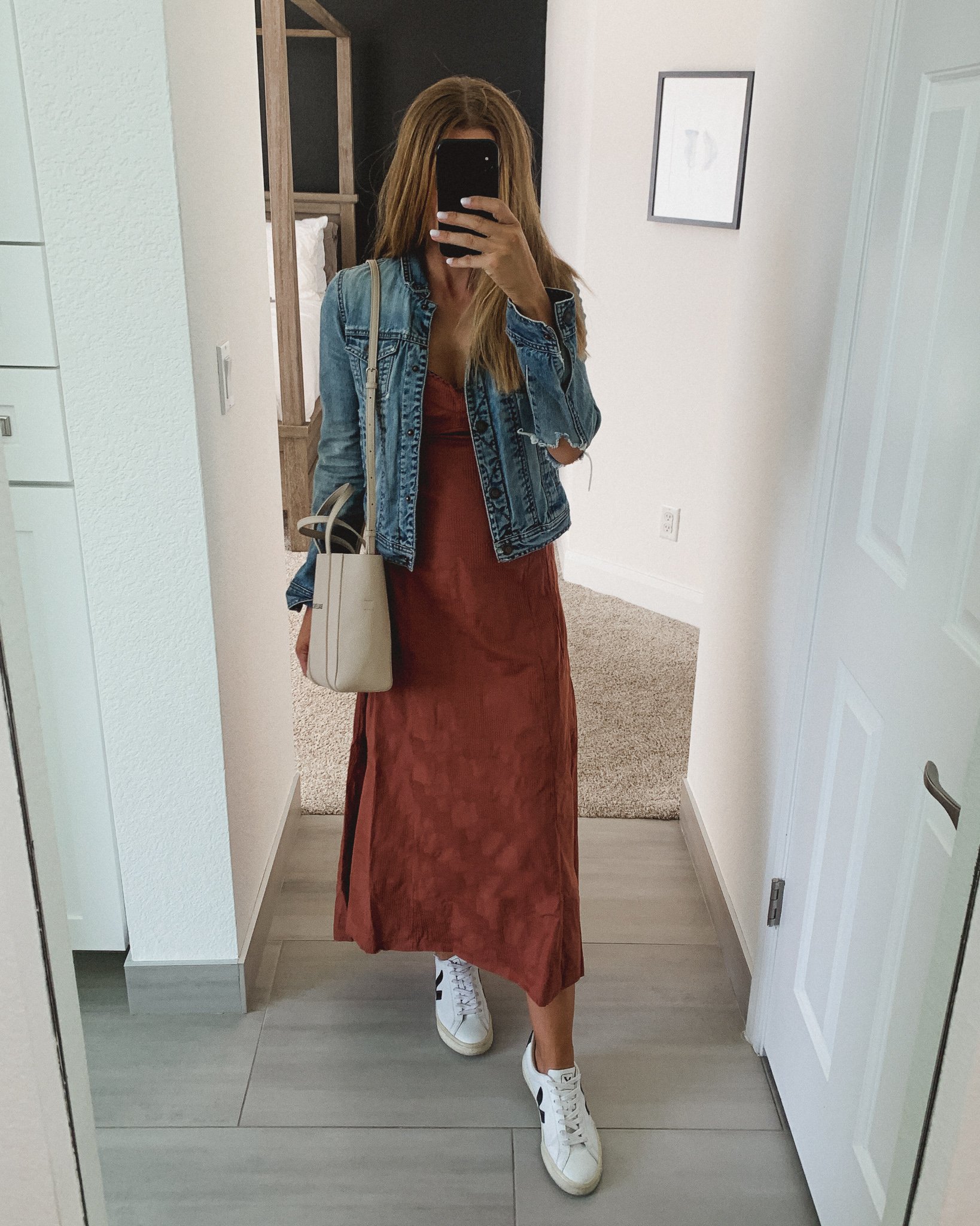  Jessica wearing Veja Esplar sneakers with Denim jacket outfit, Free People Dress and Balenciaga Everyday bag, ootd, causal style outfit 