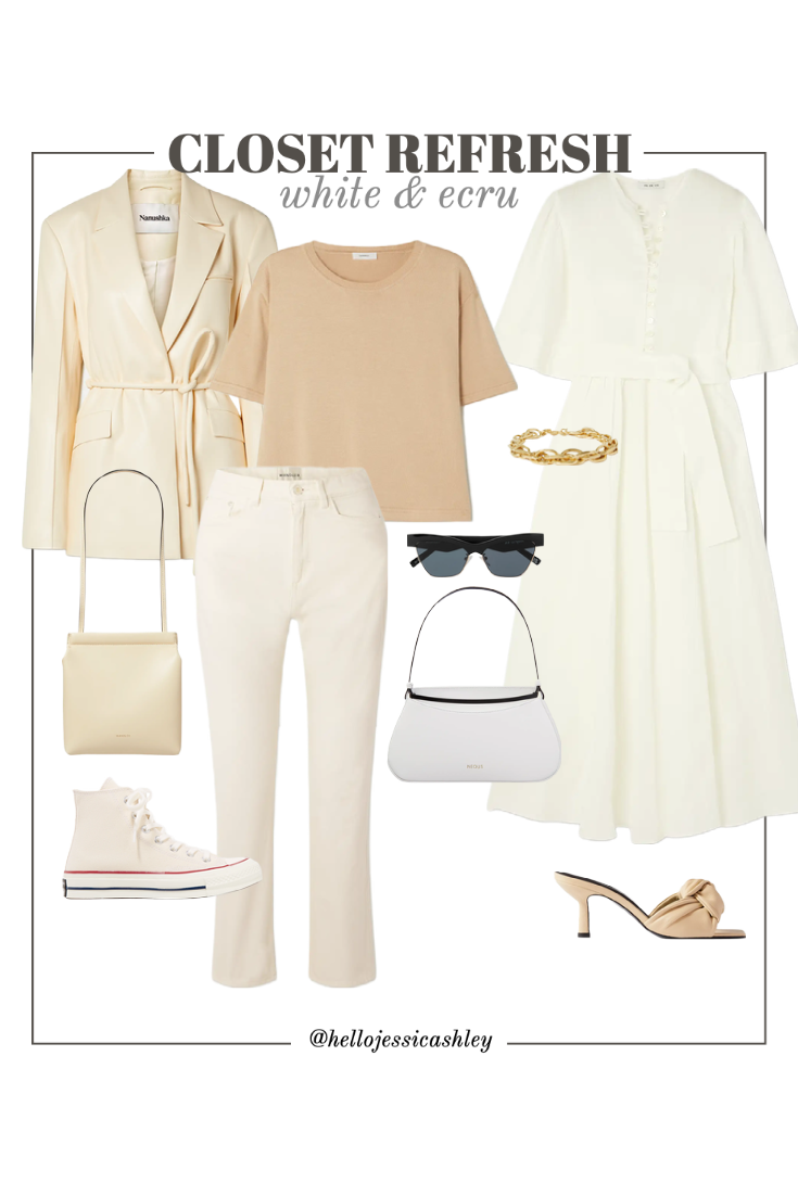  hellojessicashley shows how to white pants and dress, style beige off-white pants for a classic look 