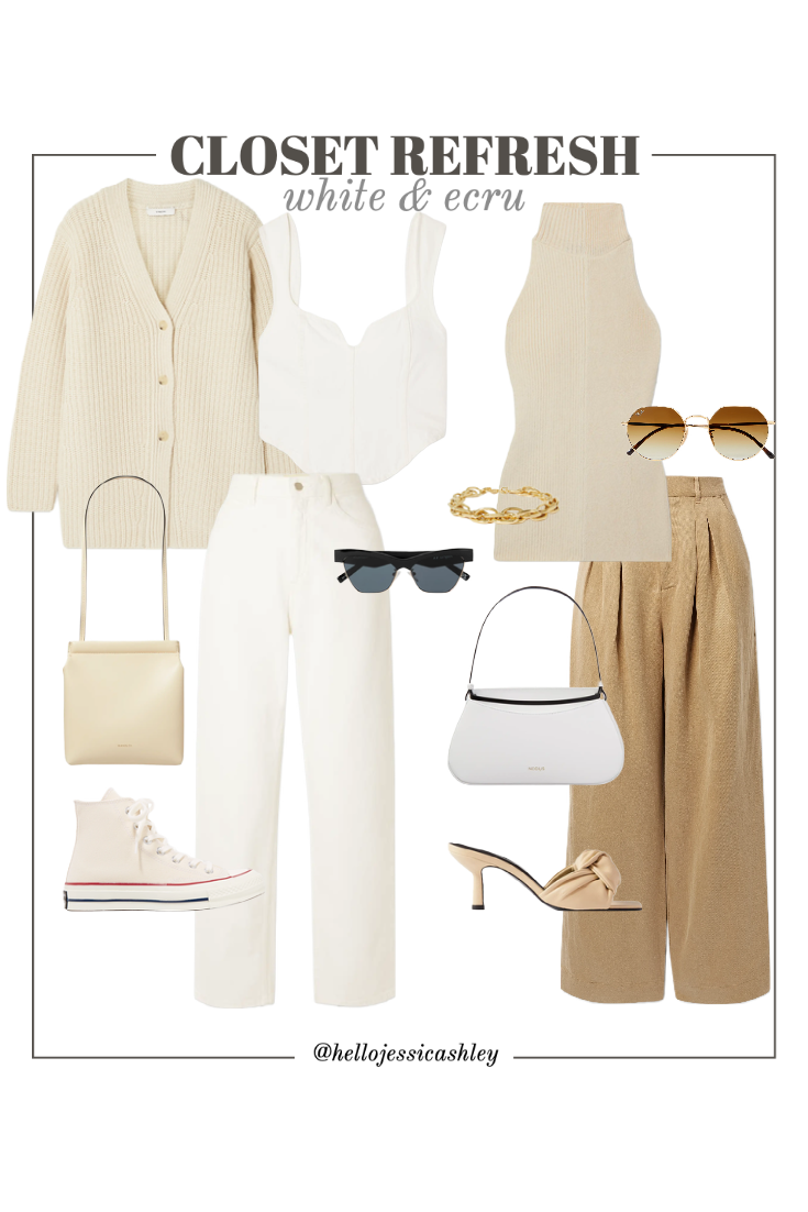  hellojessicashley shows how to white pants and dress, style beige off-white pants for a classic look 