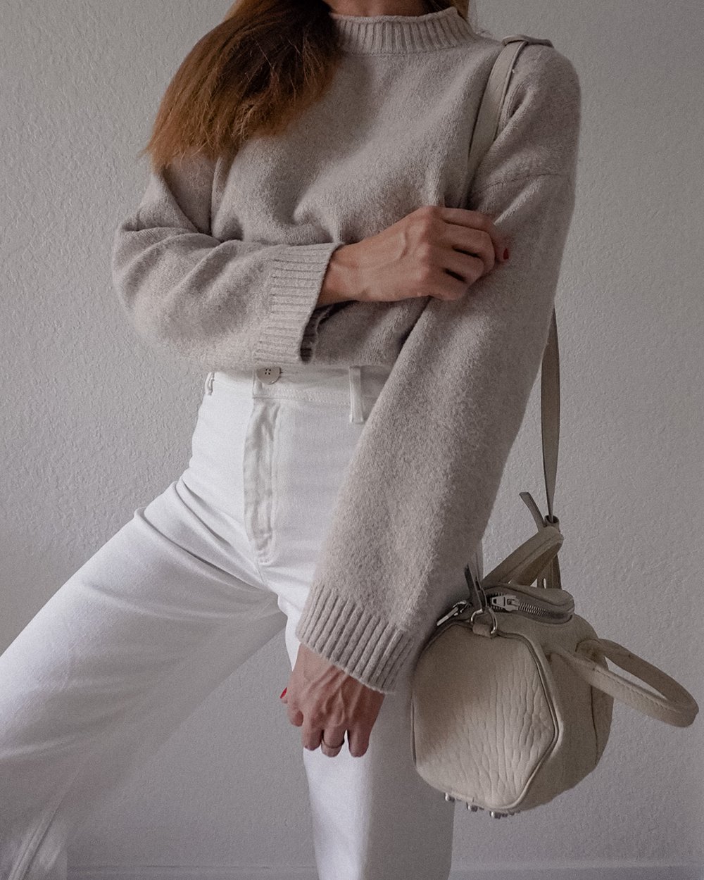  hellojessicashley wearing ZARA ecru high waist pants, Nordstrom sweater with Alexander Wang Rockie handbag, showing how to style beige off-white pants for a classic look 