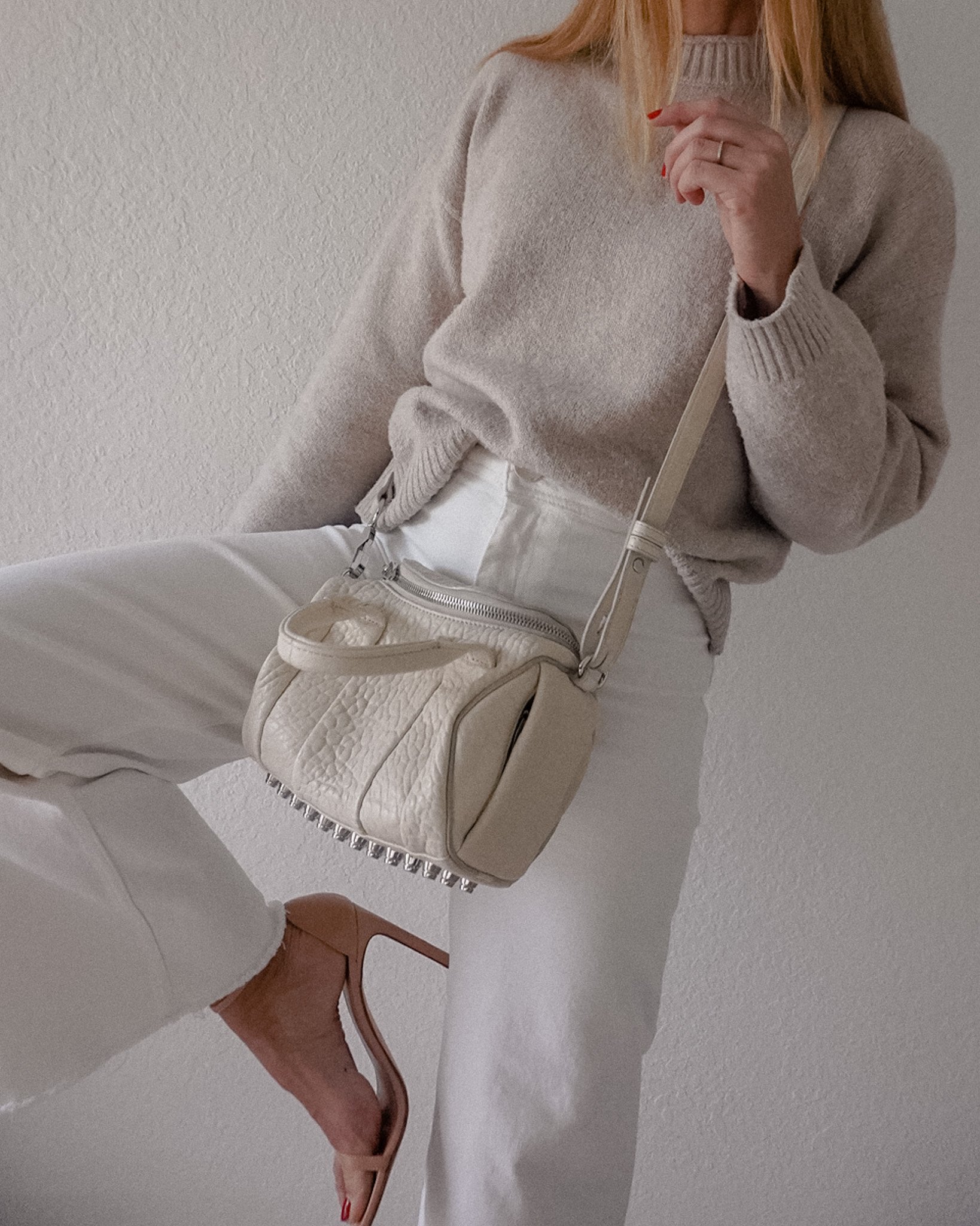  hellojessicashley wearing ZARA ecru high waist pants, Nordstrom sweater with Alexander Wang Rockie handbag, showing how to style beige off-white pants for a classic look 