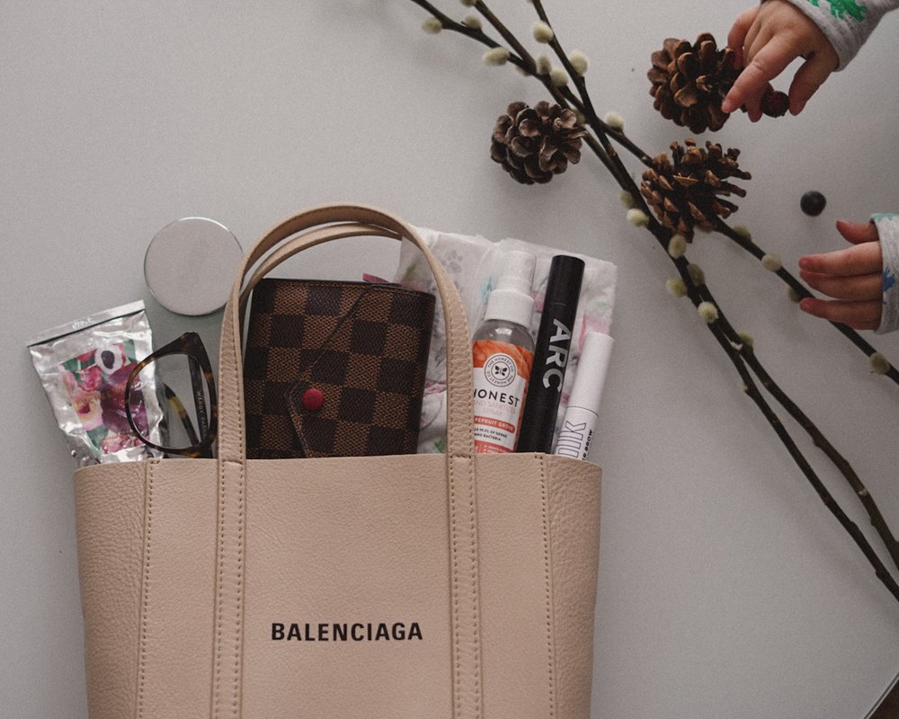  what’s in my bag Balenciaga handbag with Louis Vuitton wallet and hand sanitizer | what do moms carry in their handbags 