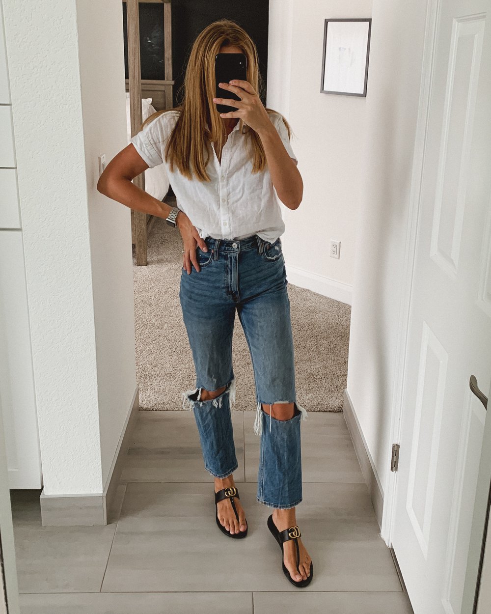  Jessica Ashley (hellojessicahley) styling Gucci Sandal Outfit with Abercrombie High Rise denim, and Banana Republic Linen button up | outfit inspiration, Gucci Marmont Sandal Outfit 