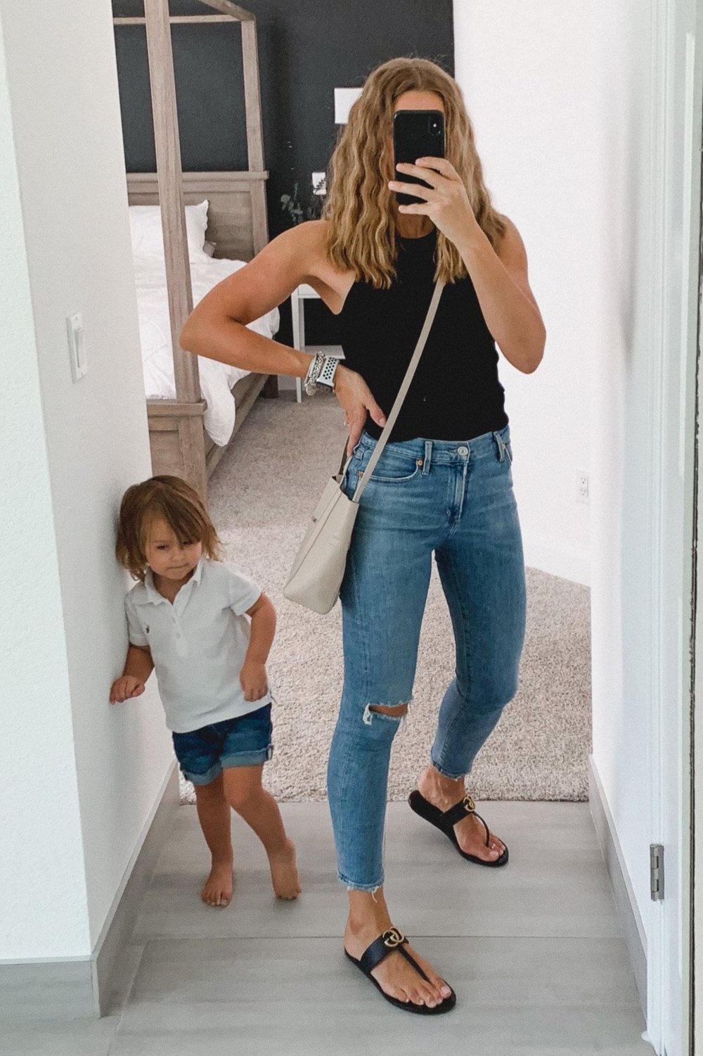  Jessica Ashley (hellojessicahley) styling Gucci Sandal Outfit with Citizens of Humanity Rocket Skinny, Zara tank and Balenciaga cross body | outfit inspiration, Gucci Marmont Sandal Outfit 