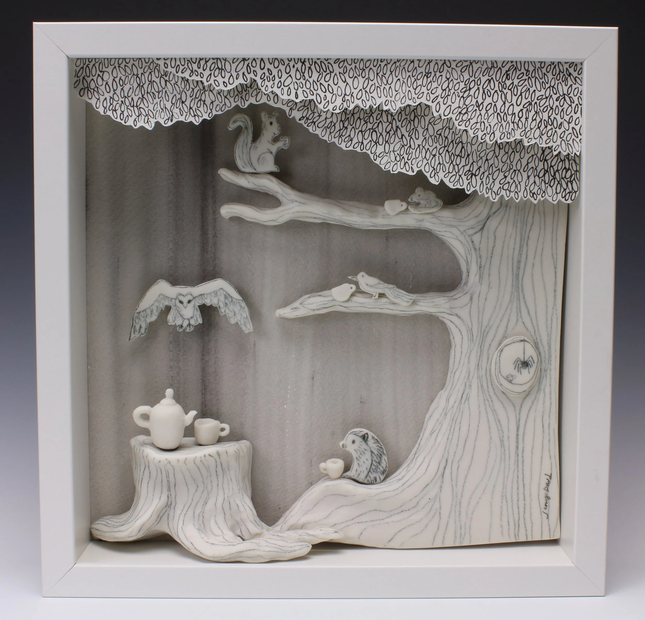 Twilight Tea Party (Sculptural Drawing Shadow Box for Wall)