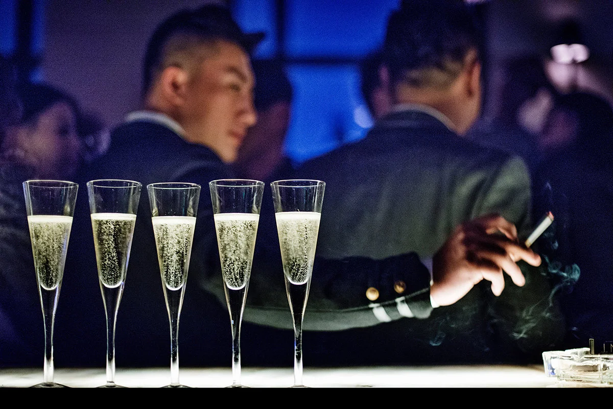 Row of Champagne flutes, M1NT, Shanghai, China, 2013
