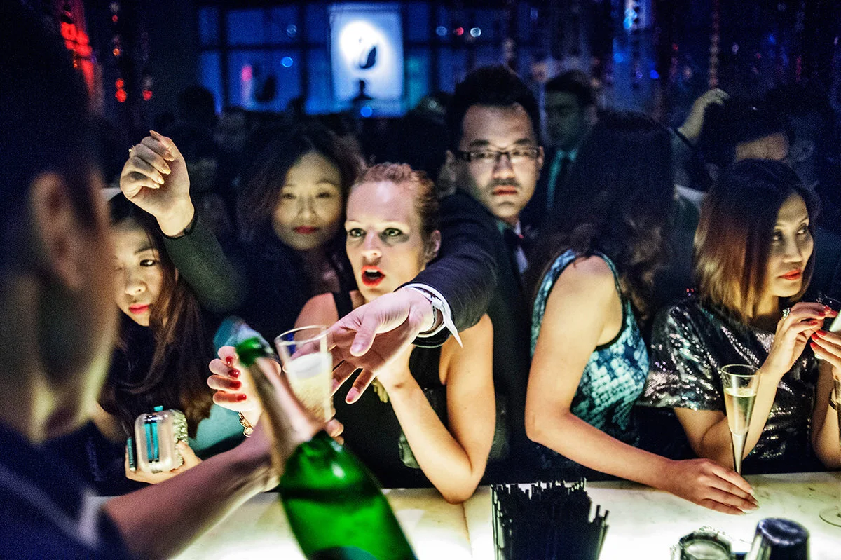 Behind the bar at the Black Swan Party, M1NT, Shanghai, China, 2013