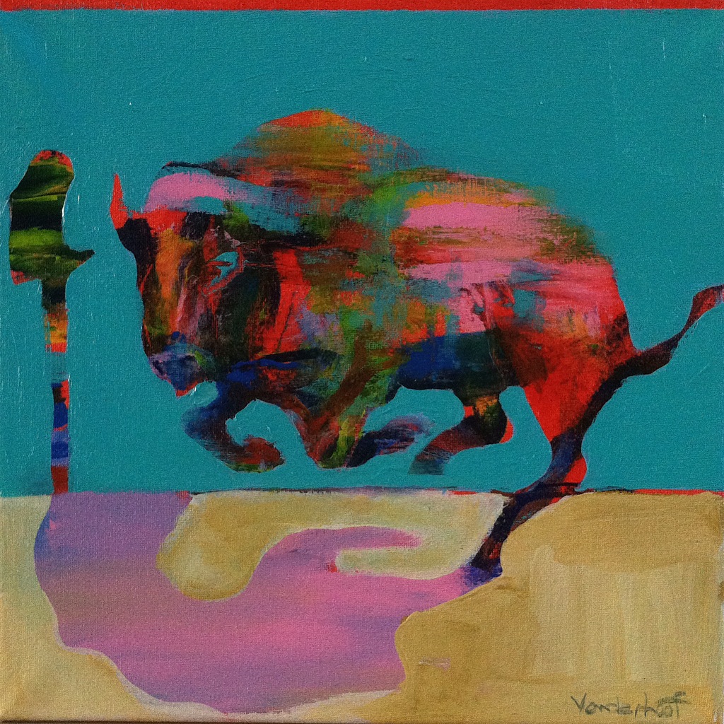  Bison with pink shadow, acrylic on canvas, 12x12 inches, 2015 